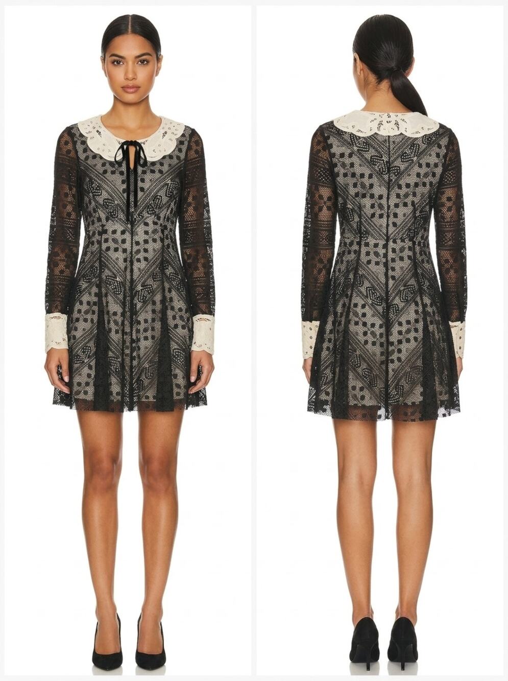 Free People Black Lace Peter Pan Collar Long Sleeve Mini Dress Women Size 2